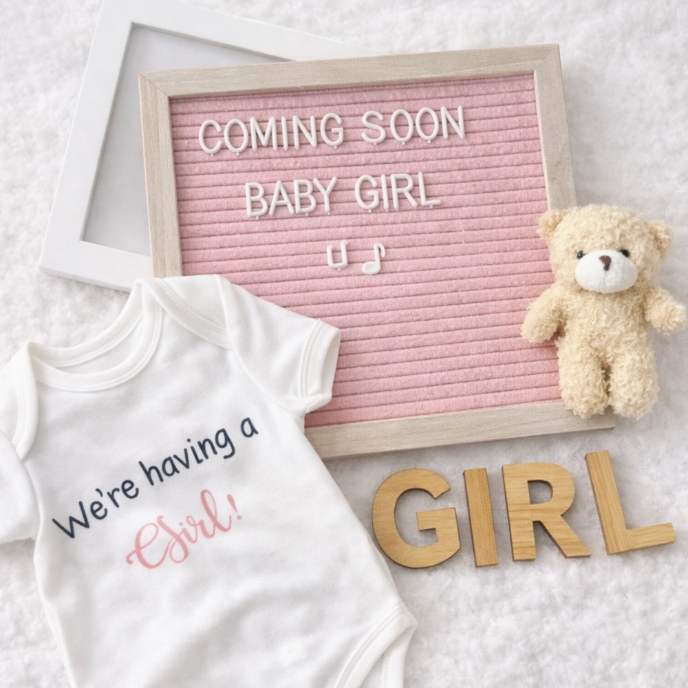 Baby Announcement Prop Set | Letter Board, Onesie, Frame, Bear & “GIRL” Letters